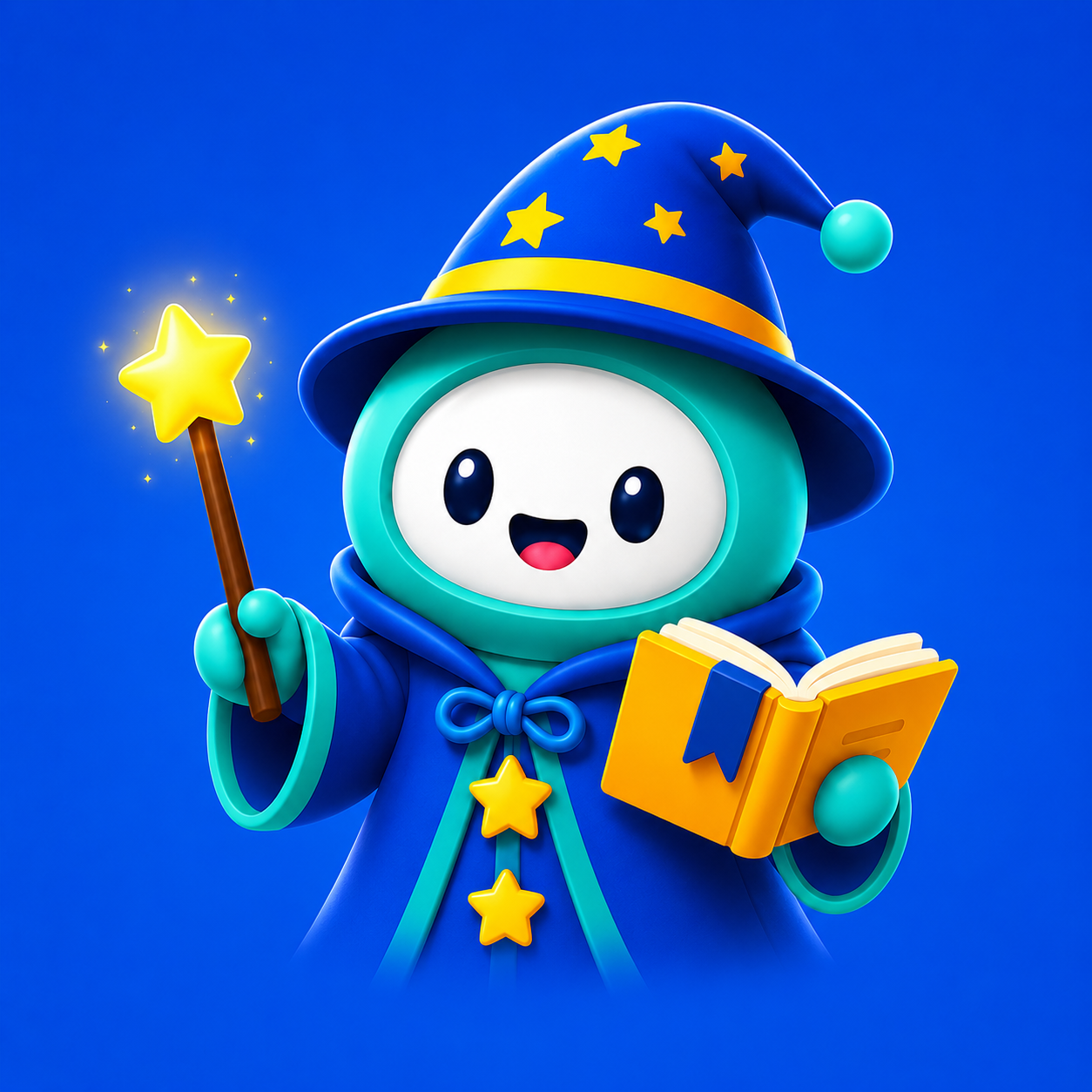 Kwizard mascot holding a star wand and an open book.